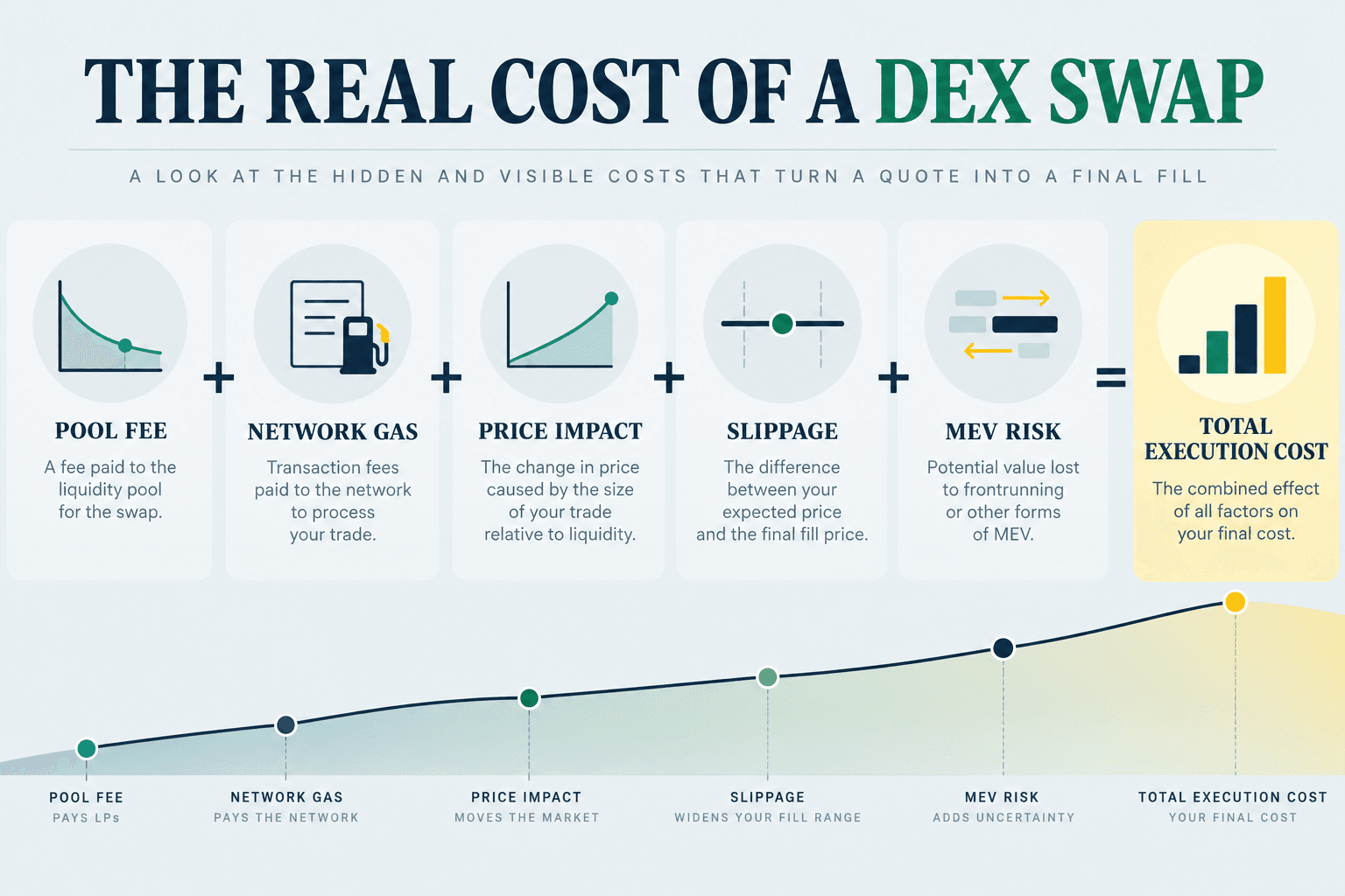 Five components of decentralized exchange execution cost including pool fee, gas, price impact, slippage and MEV