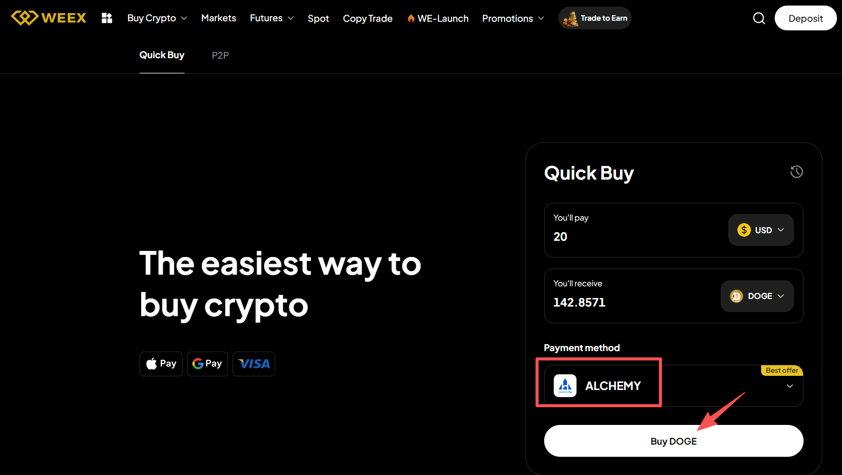 步骤3： 如何通过WEEX OTC买入DOGE? Web 版本