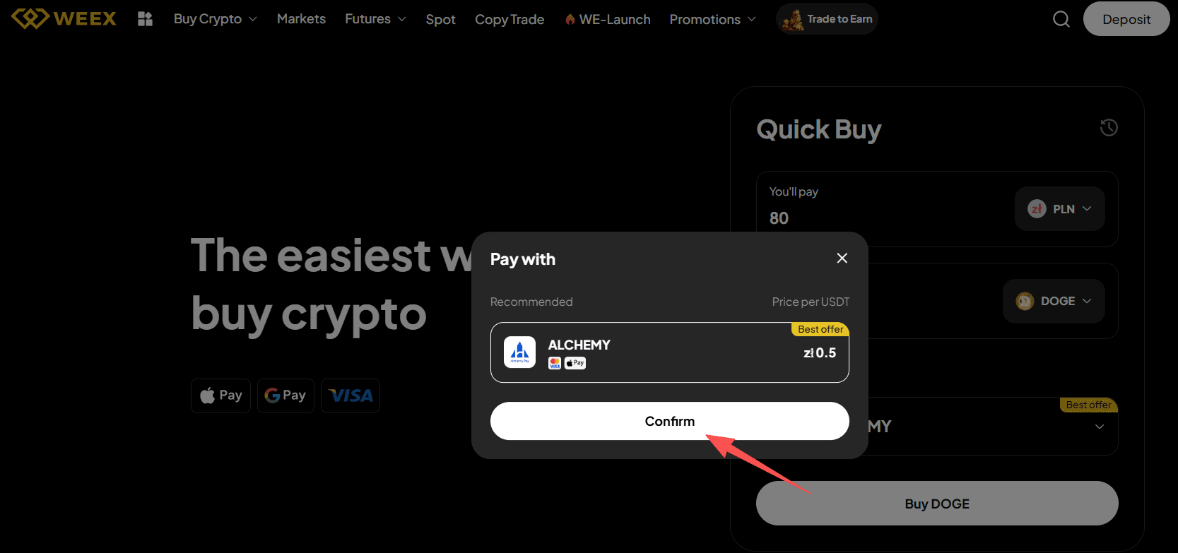 第二步：如何在WEEX OTC上买入DOGE with PLN? Web 版本