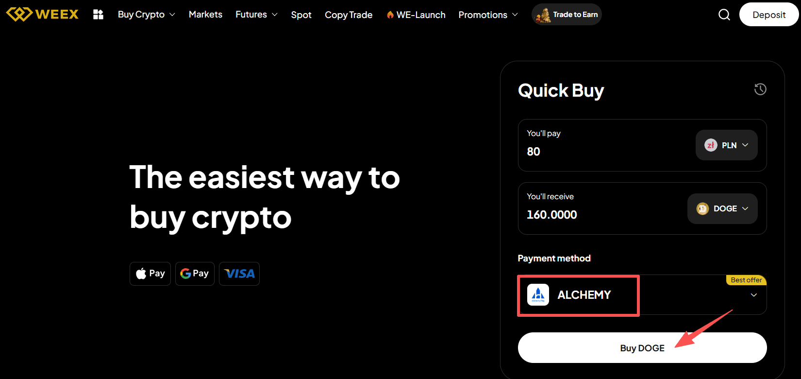 第三步：如何在WEEX OTC上买入DOGE with PLN? Web 版本